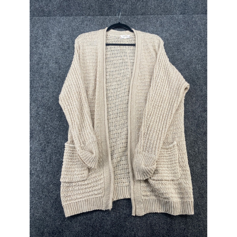 Pink Rose Open Front Cardigan Sweater Womens Medium Beige Pointelle Knit Pockets